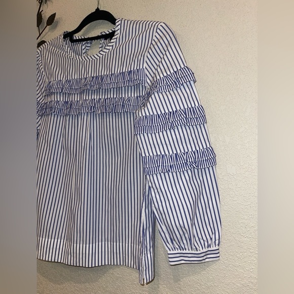J. Crew  Top Womens Sz 0 Blue Striped Casual Ruffle Long Sleeve Blouse Cottage - Picture 2 of 9